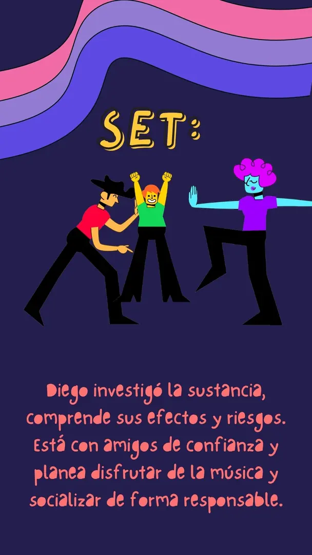 Fondo azul marino con tres personas bailando juntas.