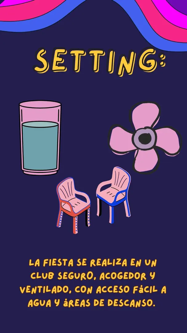 Fondo azul marino con las ilustraciones de un vaso de agua, un ventilador y dos sillas.