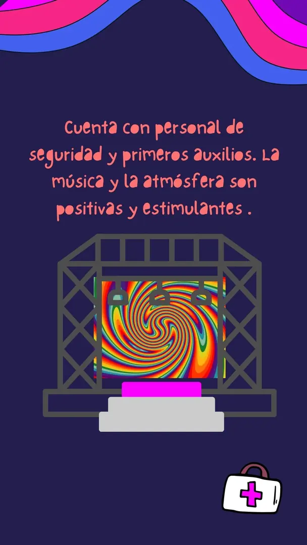 Fondo azul marino con la ilustración de un escenario con pantalla psicodélica y un botiquín.