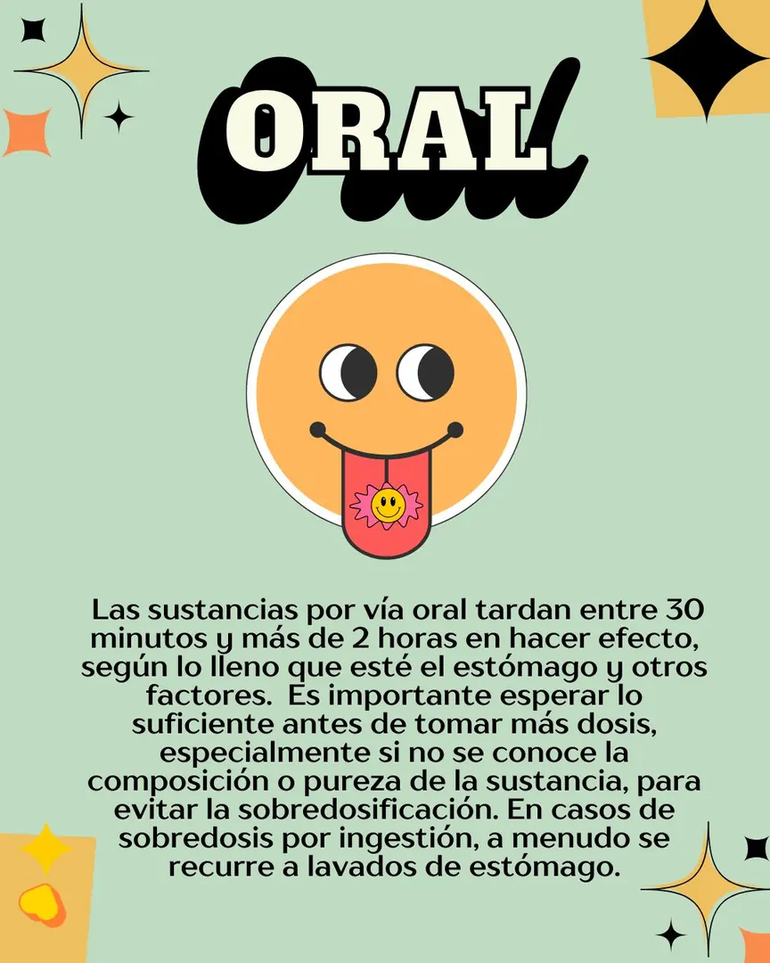 Fondo verde menta con una carita sacando la lengua con un blotter y el título «Oral».