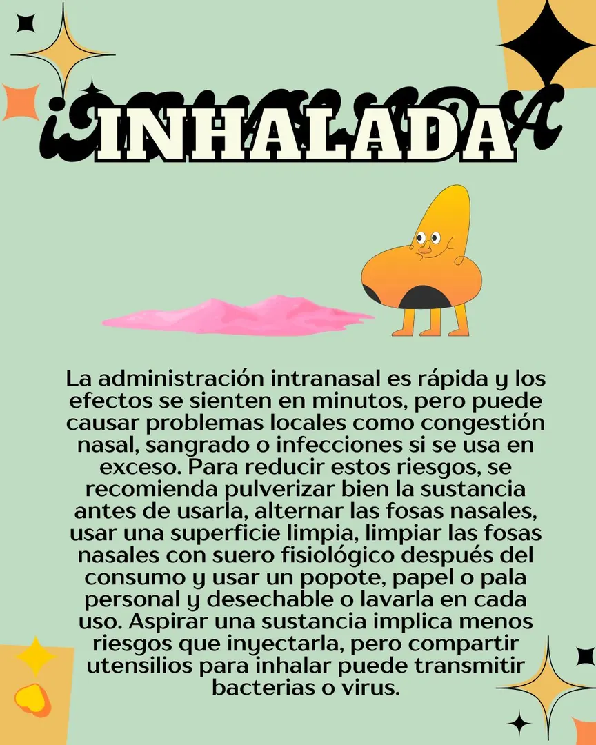Fondo verde menta con una nariz caricaturizada junto a un montoncito de polvo rosa.