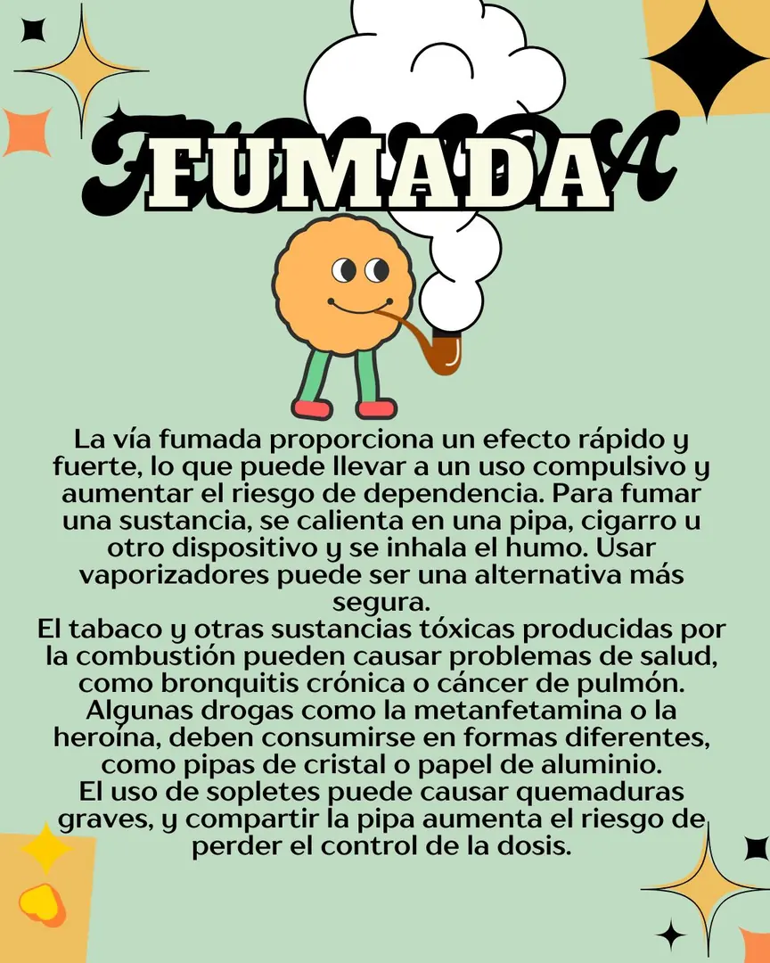 Fondo verde menta con una carita fumando una pipa y una nube de humo.