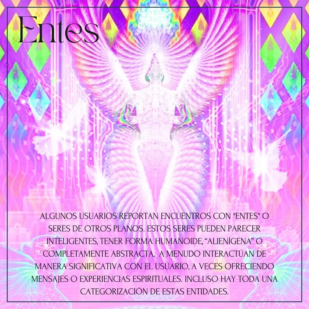 Ilustración rosa y violeta de una figura alada luminosa de aspecto angelical.