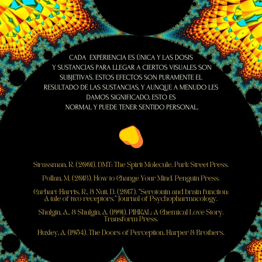 Fondo negro rodeado de un fractal amarillo y azul, con el cierre y las fuentes.